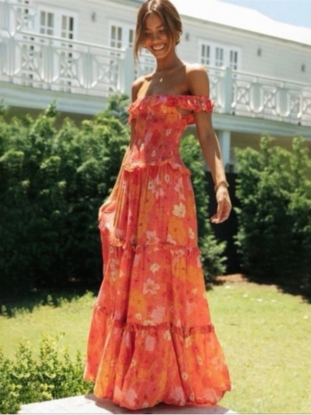 Abel the Label Women’s pleated floral off shoulder maxi dress Coral Orange XS